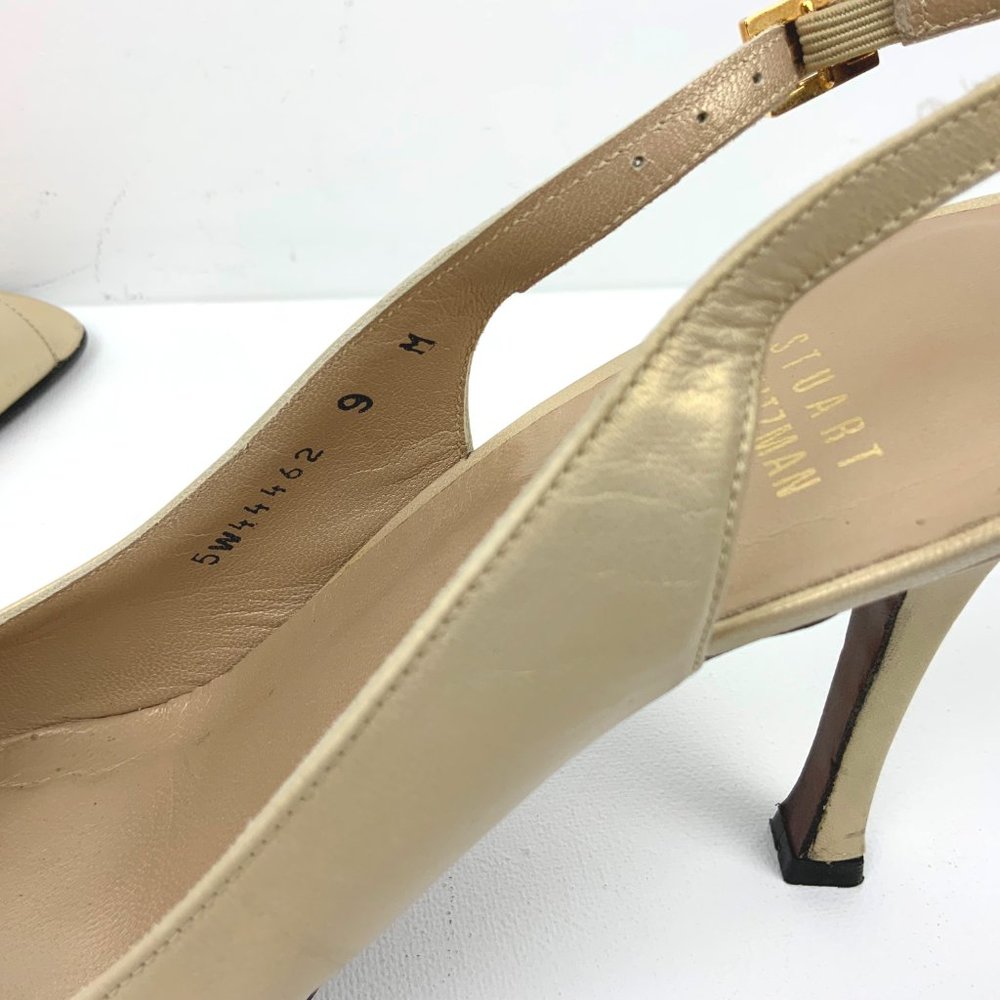 Stuart Weitzman Leather Metallic Gold Slingback Peep Toe Heels Sz 9 - Picture 9 of 16